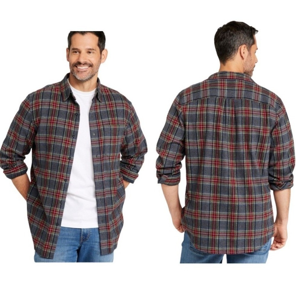 L.L. Bean Men's Large Long Sleeve Flannel Button Down Grey Plaid Slightly Fitted